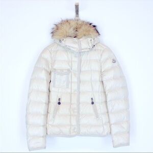 Moncler White Puffer Jacket with Tan Fur Trim